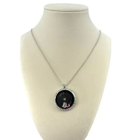 Origami Owl Crystal Locket Necklace Silver 30” Long "B" Charm Inscription READ - Picture 2 of 15
